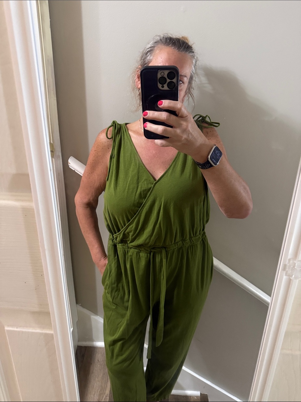 AnyBody Olive Wrap-Front Sleeveless Jumpsuit